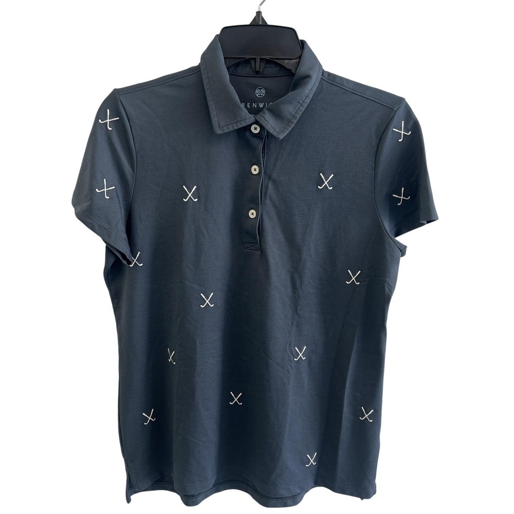 Renwick Polo Shirt Womens Medium Blue All Over Golf Clubs ‎ Stretch Knit